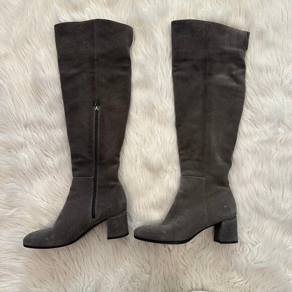 La CANADIENNE Waterproof Suede Knee High Boots Square Toe Block Heeled, Gray - Picture 4 of 9